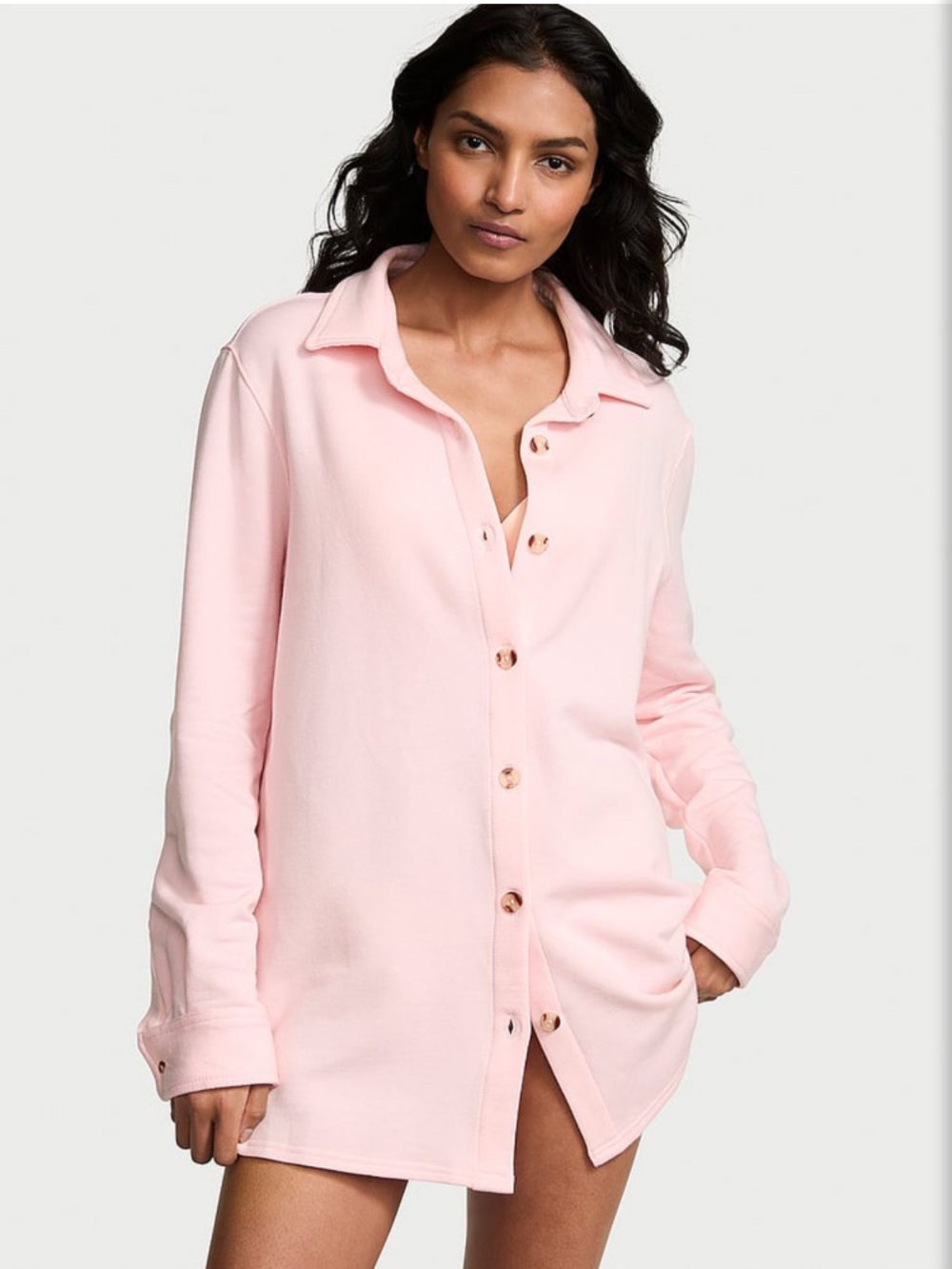 Victoria Secret Angel 💕Pink Modal Fleece Button Down  Oversized Top Large NWT